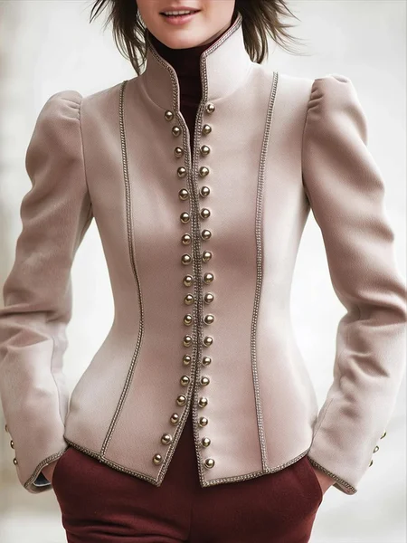 

Urban Puff Sleeve Binding Buttoned Plain Stand Collar Jacket, Light pink, Jackets