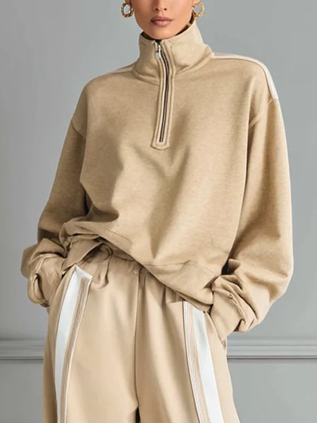 

Casual Plain Zipper Stand Collar Raglan Sleeves Sweatshirt, Light khaki, Hoodies and Sweatshirts