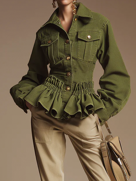 

Urban Ruched Plain Shirt Collar Denim Jacket, Green, Jackets