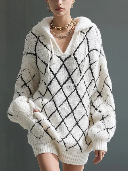 

Casual Plaid Loosen Hoodie Sweater Mini Dress, Black-white, Mini Dresses