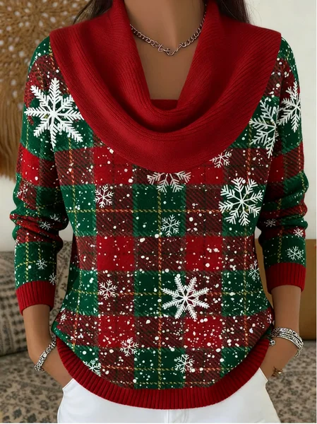 

Women Christmas Printing Spring/Fall Casual Long Sleeve Cowl Neck Sweater, Red, Sweaters
