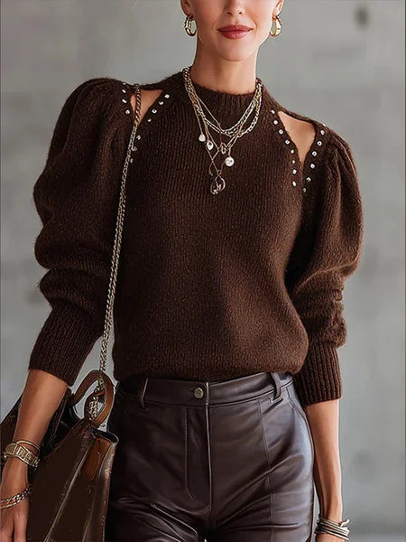 

Urban Plain Cut Out Crew Neck Puff Sleeve Sweater, Brown, Pullovers