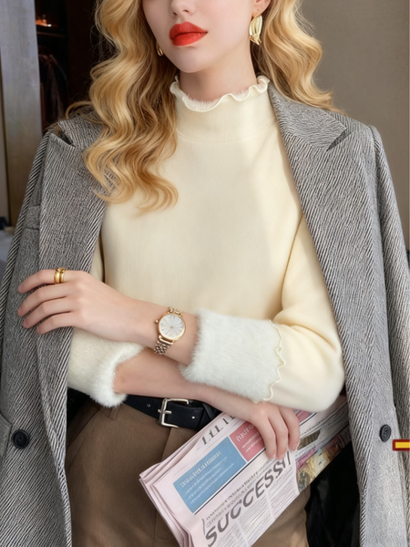 

Women Plain Long Sleeve Tee T-shirt Mock Neck Split Joint Casual Spring/Fall Top, Apricot, T-Shirts