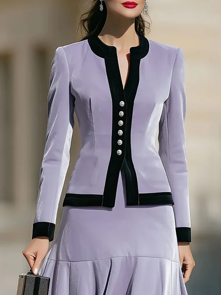 

Urban Velvet Buttoned Color Block Crew Neck Jacket, Purple, Jackets
