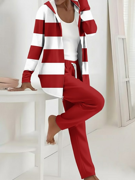 Women Striped Printing Two-Piece Set Daily Long Sleeve Casual Spring/Fall Coat With Pants Matching Set, Red, Jumpsuits&Rompers