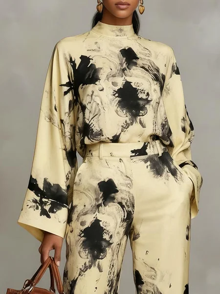 

Urban Abstract Printing Stand Collar Blouse, Yellow, Blouses and Shirts