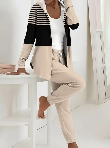 

Women Striped Printing Two-Piece Set Daily Long Sleeve Casual Spring/Fall Coat With Pants Matching Set, Apricot, Sets