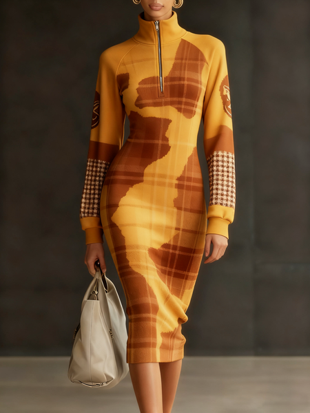 

Urban Geometric Stand Collar Midi Dress, As picture, Midi Dresses