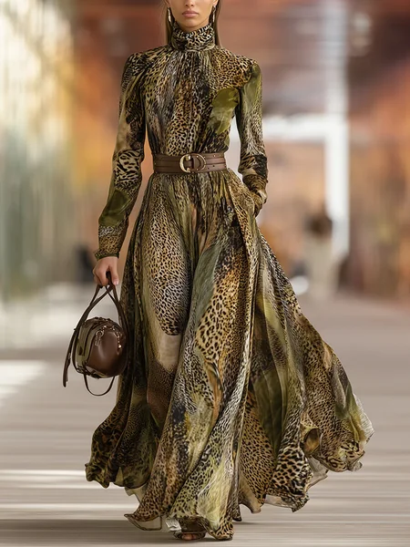 

Elegant Leopard Printing Mock Neck Maxi Dress With Belt, As picture, Maxi Dresses