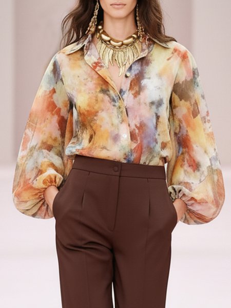 

Urban Floral Printing Shirt Collar Balloon Sleeve Shirt, As picture, Blouses and Shirts