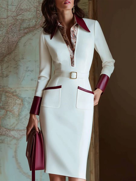 

Urban Color Block Split Joint Shirt Collar Knee Length Dress With Belt, White, Midi Dresses