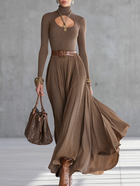 

Elegant Plain Hollow Out Turtleneck Maxi Dress No Belt, Brown, Maxi Dresses