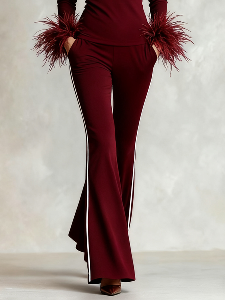 

Elegant Color Block Straight Pants, Wine red, Pants