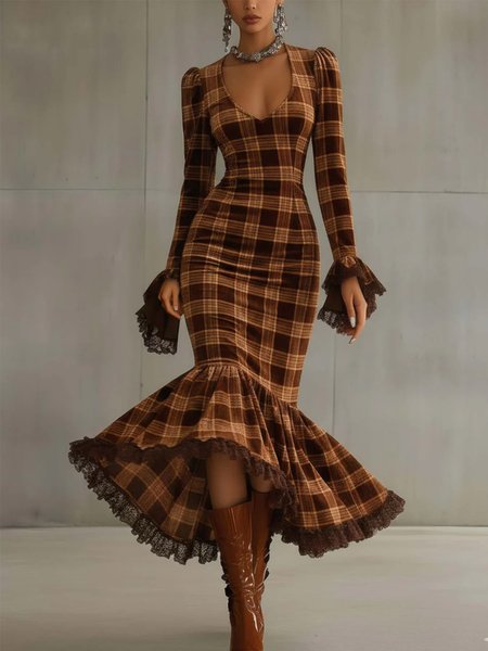 

Urban Plaid Printing Lace V Neck Midi Dress, Brown, Mini Dresses