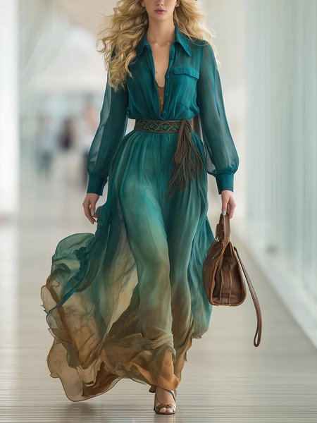 

Elegant Gradient Pattern Printing Shirt Collar Maxi Dress No Belt, As picture, Maxi Dresses