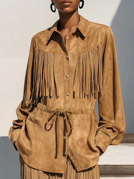 

Suede Casual Plain Tassel Faux Leather Top, Khaki, Jackets