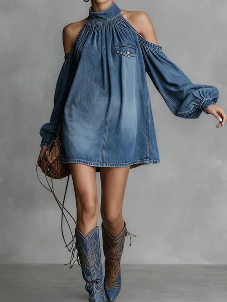 Urban Plain Stand Collar Mini Denim Dress