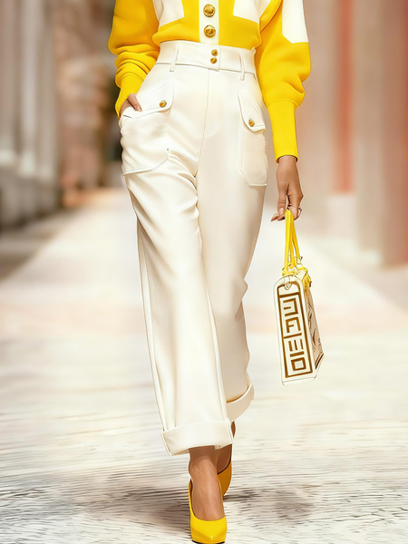 

Urban Plain Pockets Buttoned Straight Pants, White, Pants