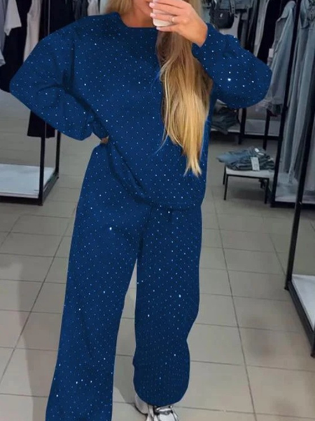 

Women Plain Split Joint Two-Piece Set Daily Long Sleeve Casual Spring/Fall Top With Pants Matching Set, Blue, Suit Set