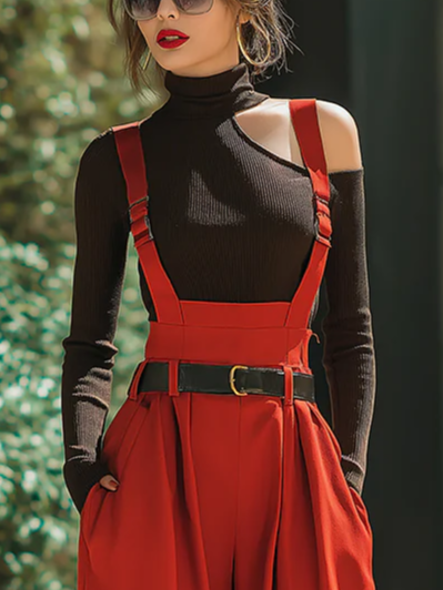 

Knitted Casual Plain Hollow Out Turtleneck T-shirt, Black, Tees