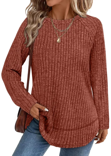 

Casual Color Block Crew Neck Long Sleeve T-shirt, Caramel, T-shirts