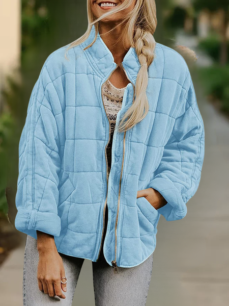 

Women Spring/Fall Outerwear Casual Split Joint Plain Long Sleeve Stand Collar Jacket, Blue, Jackets
