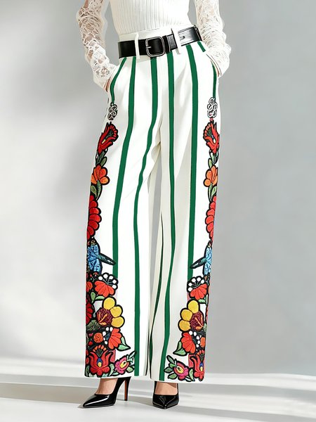 

Urban Floral Printing Fashion Pants No Belt, White-green, Pants
