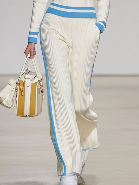 

Casual Color Block Straight Sweater Pants, White-blue, Pants