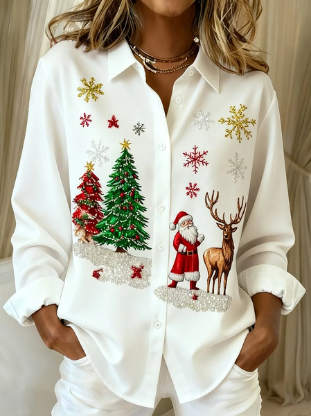 

Shirt Collar Regular Sleeve Long Sleeve Santa Claus Buckle Regular Loose Button Up Shirt Shirt For Women, White, Shirts