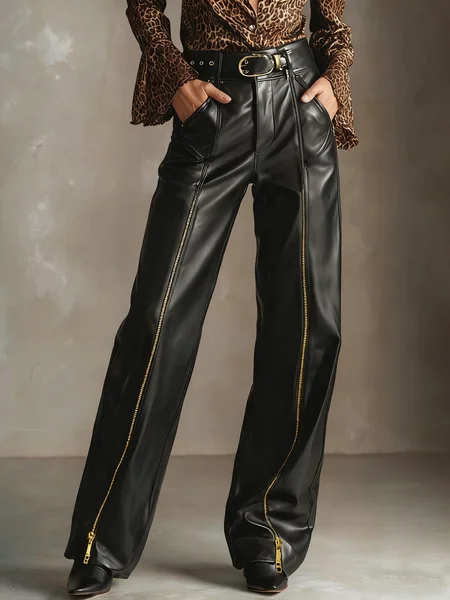 

Urban Plain Zipper Straight Faux Leather Pants, Black, Pants