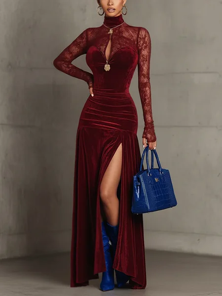 

Urban Plain Split Joint Stand Collar Maxi Dress, Wine red, Maxi Dresses