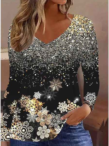 

Women Christmas Long Sleeve Tee T-shirt V Neck Printing Casual Spring/Fall Graphic Tee Top, Black, T-Shirts