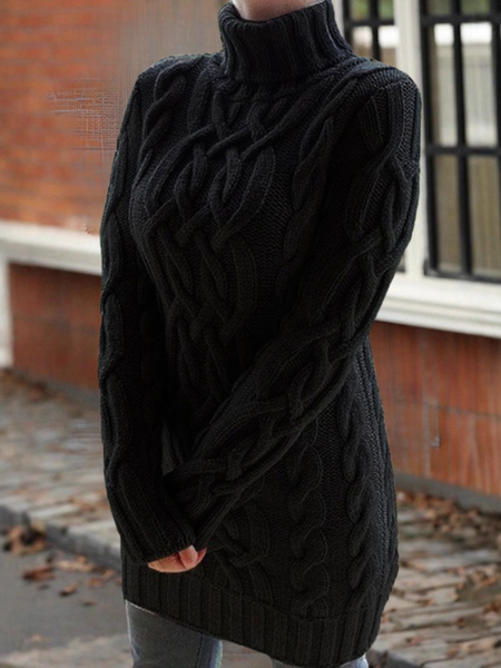 

Women Plain Jacquard Winter Street Long Sleeve Mock Neck Sweater, Black, Sweaters