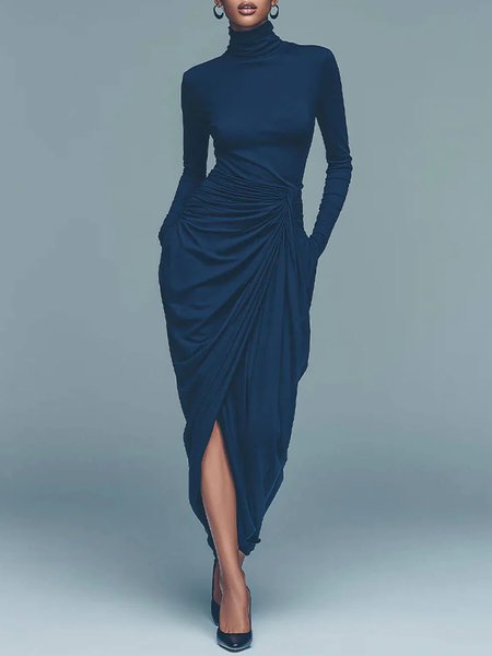 

Urban Plain Ruched Turtleneck Midi Dress, Deep blue, Midi Dresses