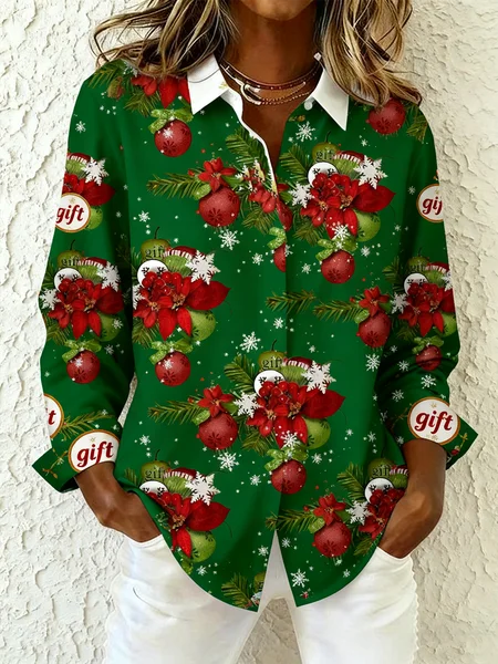 

Shawl Collar Long Sleeve Christmas Regular Loose Shirt For Women, Green, Shirts