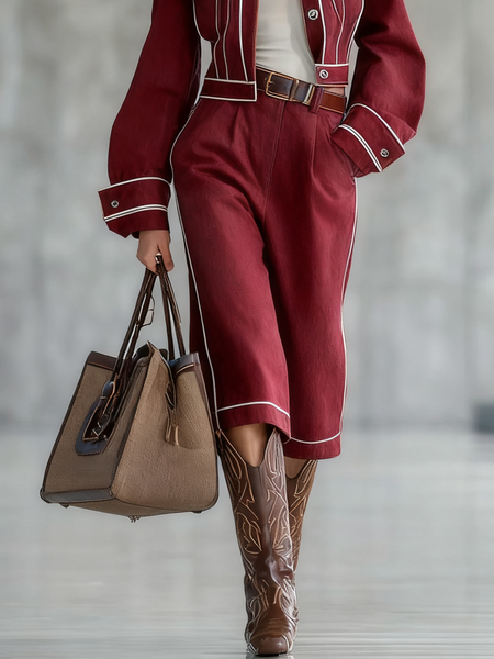 

Casual Color Block Straight Pants, Wine red, Pants