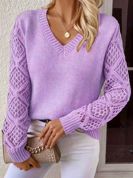 

Basic Wool Hollow Knit Pullover Long Sleeve Crochet Jacquard Loose V-neck Bottoming Sweater, Purple, Sweaters & Cardigans