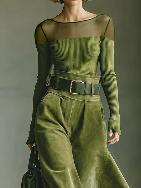 

Elegant Plain Crew Neck Blouse, Green, Blouses and Shirts