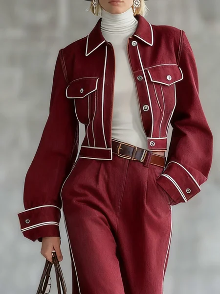 

Casual Color Block Shirt Collar Jacket, Wine red, Jackets