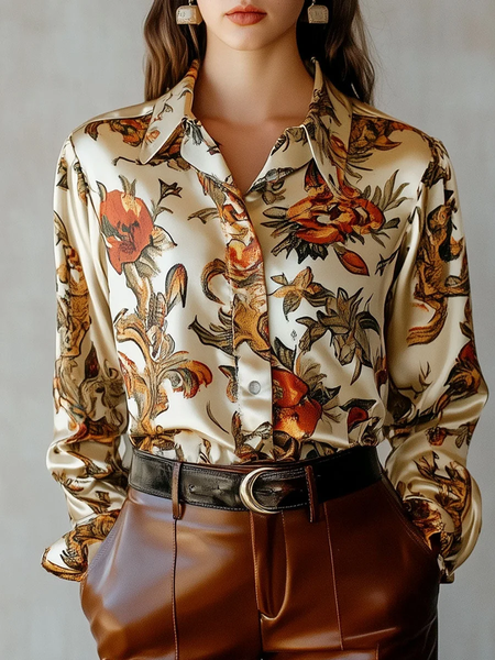 

Satin Urban Floral Printing Shirt, As picture, Blouses and Shirts