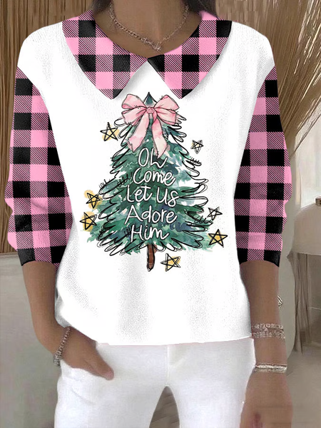 

Women Plaid Printing Spring/Fall Casual Long Sleeve Shawl Collar Sweater, Pink, Sweaters