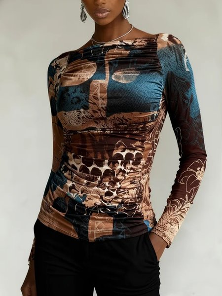 

Casual Abstract Graphic Printing Boat Neck T-shirt, As picture, Tees