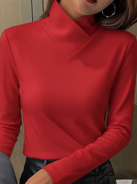 

Long Sleeve Plain Printing Regular Micro-Elasticity Regular Fit Blouse For Women, Red, Blouses