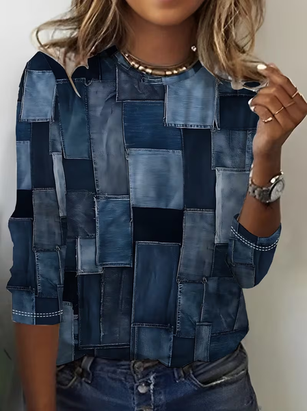 

Casual Abstract Crew Neck Long Sleeve T-shirt, Blue, T-shirts