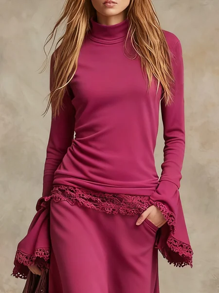 

Casual Plain Lace Edge Polo Collar Bell Sleeve T-shirt, Rose red, Tees