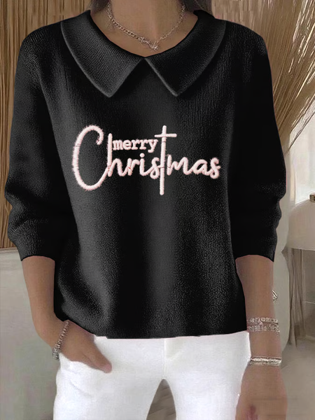 

Women Christmas Printing Spring/Fall Casual Long Sleeve Shawl Collar Sweater, Black, Sweaters