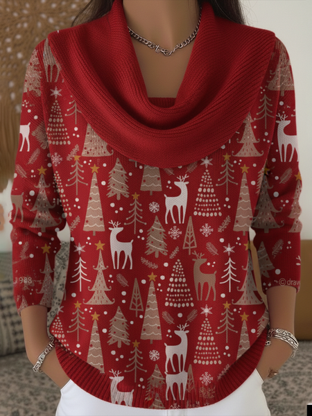 

Women Christmas Printing Spring/Fall Casual Long Sleeve Cowl Neck Sweater, Red, Sweaters