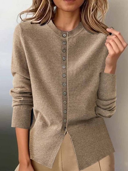 

Urban Plain Buttoned Crew Neck Regular Sleeve Sweater, Camel, Sweaters & Cardigans