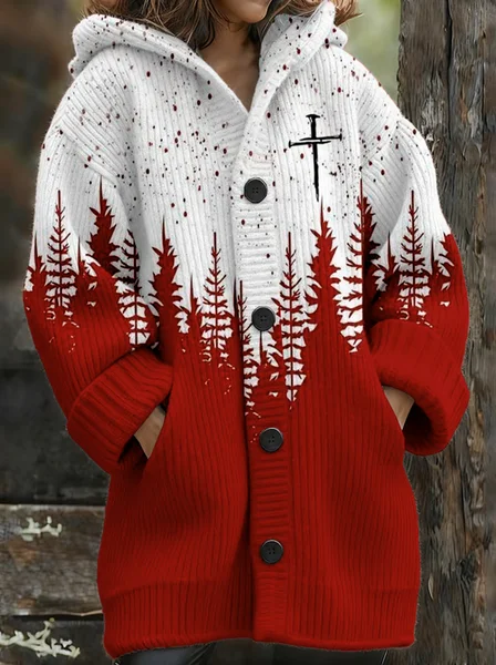 

Women Wool/Knitting Gradient Pattern Long Sleeve Comfy Vintage Cardigan, Red, Coats