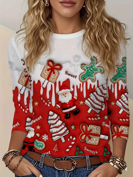 

Women Santa Claus Long Sleeve Tee T-shirt Crew Neck Printing Casual Spring/Fall Graphic Tee Top, Red, T-Shirts